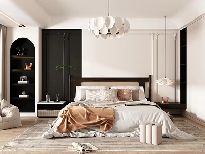 Modern Bedroom Interior With White Bedding Brown Blanket Pillows White Pendant Light And Black Bookshelf 3d model