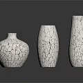 Three White Ceramic Vases with Cracked Texture and Reflection on Black Background 3d model