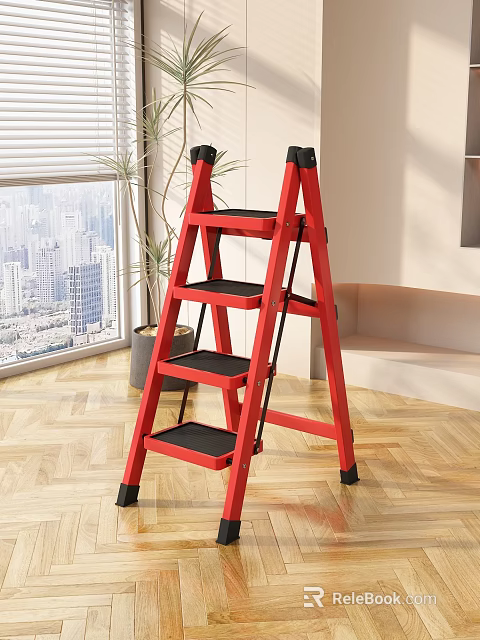 Red Four Step Ladder In Indoor Space With Wooden Floor Window Plant And Sofa 3d model 