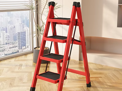 Red Four Step Ladder In Indoor Space With Wooden Floor Window Plant And Sofa 3d model