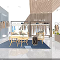 Modern Clothing Store with Hanging Clothes Display Tables Shoes Bags and Bright Interior