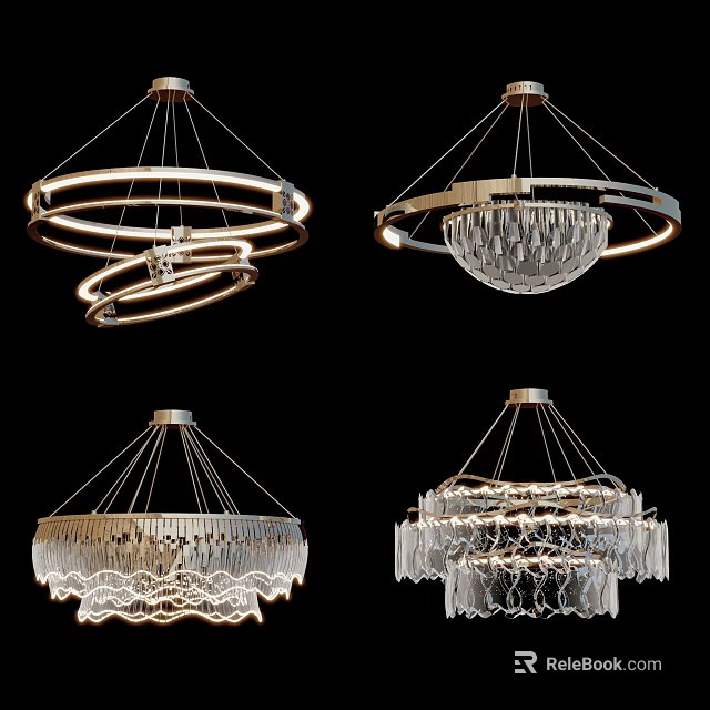 Elegant Modern Crystal Chandeliers With Circular Ring Structures And Hanging Pendant Decorative Details 3d model 