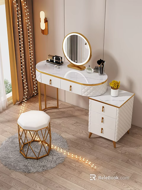 Elegant White Dressing Table With Round Gold Mirror Quilted Drawers And Stool 3d model 