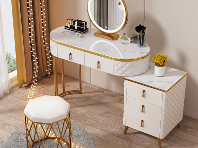 Elegant White Dressing Table With Round Gold Mirror Quilted Drawers And Stool 3d model