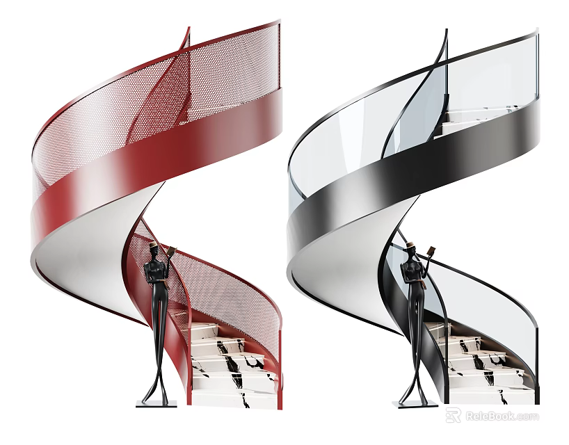 Stylish Red and Black Spiral Staircase with Glass Metal Railings Modern Interior Design 3d model 