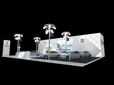 Suzuki Car Exhibition Booth With White Structure Lighting And Models 3d model