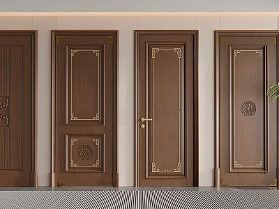 Elegant Brown Swing Doors with Gold Accents and Intricate Carvings Classic Design 3d model