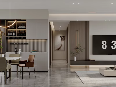 Modern Living And Dining Room Interior With Open Layout And Contemporary Decor 3d model