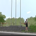 Rural Landscape With Green Trees Lush Grass Blue Sky And Flagpoles Near Steps