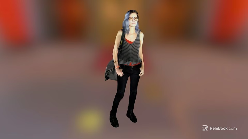 Young Woman With Blue Hair And Glasses Wearing Striped Tank Top Black Pants And Backpack 3d model 