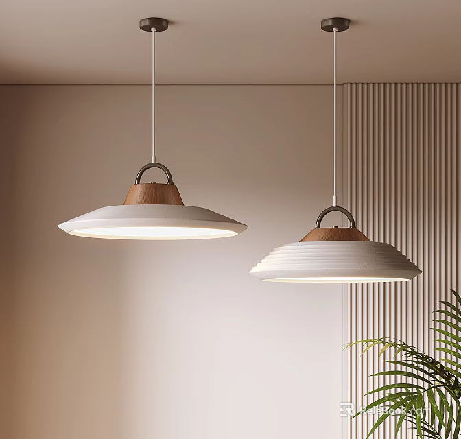 Two Modern White Dome Shaped Pendant Lights With Wooden Accents In Interior Space 3d model 