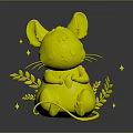 Pink Little Mouse Holding Yellow Fruit Surrounded by Golden Wheat Ears and Sparkling Star Decorations