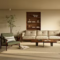 Cozy Living Room Interior Design With Beige Sofa Wooden Shelf Coffee Table And Green Plant