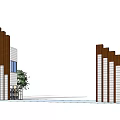 Modern Entrance Gate Design With Sloped Wooden Panels White Wall And Green Trees