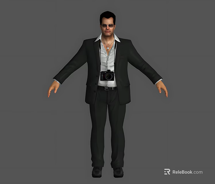 Man in Black Suit White Shirt With Camera Around Waist Arms Outstretched Gray Background 3d model 