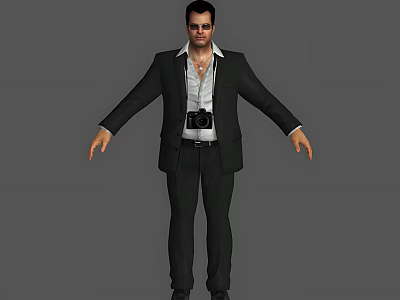 Man in Black Suit White Shirt With Camera Around Waist Arms Outstretched Gray Background 3d model