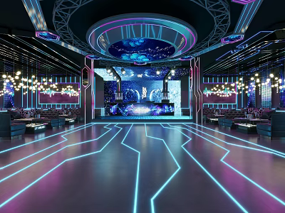 Modern Bar Interior With Neon Lights And Futuristic Stage 3d model