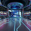 Modern Bar Interior With Neon Lights And Futuristic Stage
