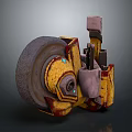 3D Rendered Mechanical Component With Yellow Gray Worn Metal Texture Wheel And Parts