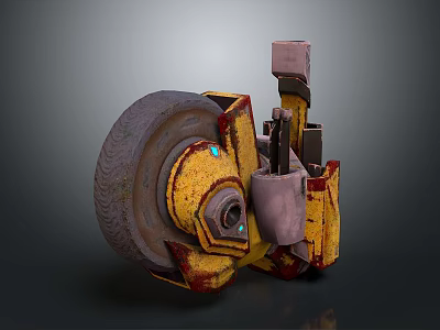 3D Rendered Mechanical Component With Yellow Gray Worn Metal Texture Wheel And Parts 3d model