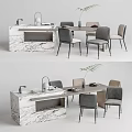 Elegant Modern Dining Table Chairs Set With Marble Island And Kitchen Counter 3d model