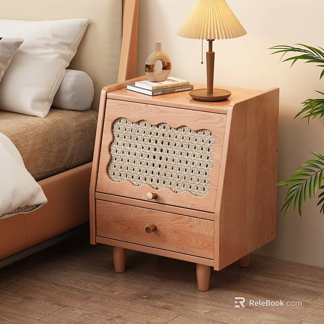 Wooden Bedside Table With Rattan Panel Drawer And Decorative Lamp On Top 3d model 