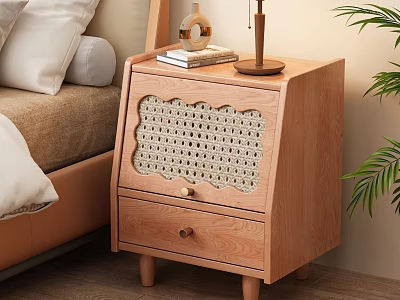 Wooden Bedside Table With Rattan Panel Drawer And Decorative Lamp On Top 3d model