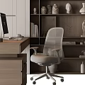 Modern Wooden Office Desk And Chair Set With Bookshelf And Computer Monitor