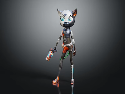 Feline Robot Character With Mechanical Body Blue Eyes And Holding Gadget 3d model