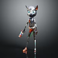 Feline Robot Character With Mechanical Body Blue Eyes And Holding Gadget