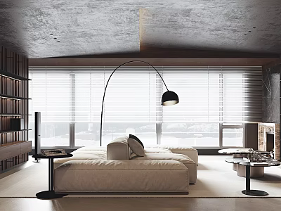 Modern Minimalist Living Dining Room Interior With Large Windows Blinds Arched Floor Lamp Beige Sofa 3d model