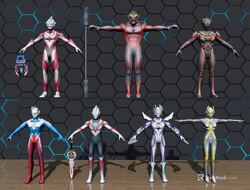 Multiple Ultraman Characters And Creature Inspired Suits With Colorful Designs And Poses 3d model 