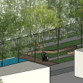 Wooden Landscape Benches Along Paved Path With Green Grass And Tree Shade