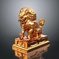 Traditional Golden Lion Statue With Ornate Details On Polished Pedestal And Glossy Finish