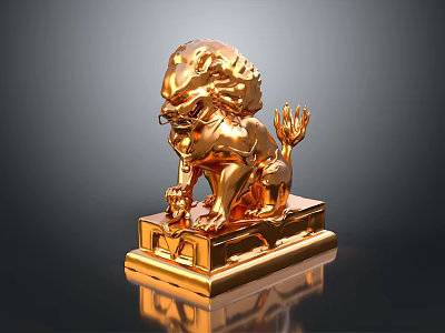 Traditional Golden Lion Statue With Ornate Details On Polished Pedestal And Glossy Finish 3d model