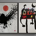 Abstract Wall Art Paintings With Red Circle Black Splatter And Colorful Geometric Shapes