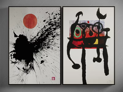 Abstract Wall Art Paintings With Red Circle Black Splatter And Colorful Geometric Shapes 3d model