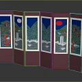 Traditional Oriental Folding Screen with Mountain Water Pine Tree Moon and Sun Design