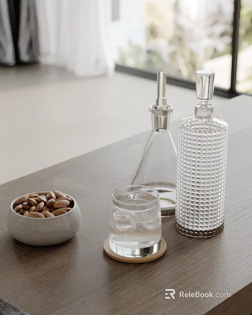 Elegant Decorative Tabletop Accessory Set With Glass Bottles Ice Glass Nut Bowl On Wooden Tabletop 3d model 