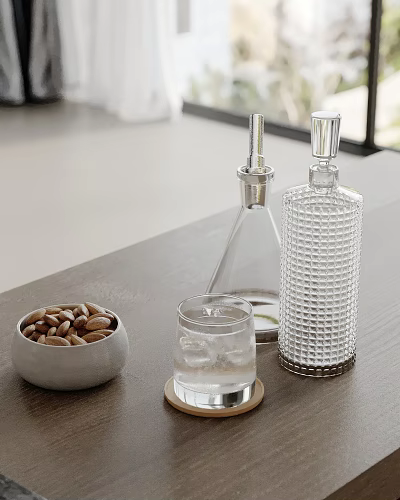Elegant Decorative Tabletop Accessory Set With Glass Bottles Ice Glass Nut Bowl On Wooden Tabletop 3d model