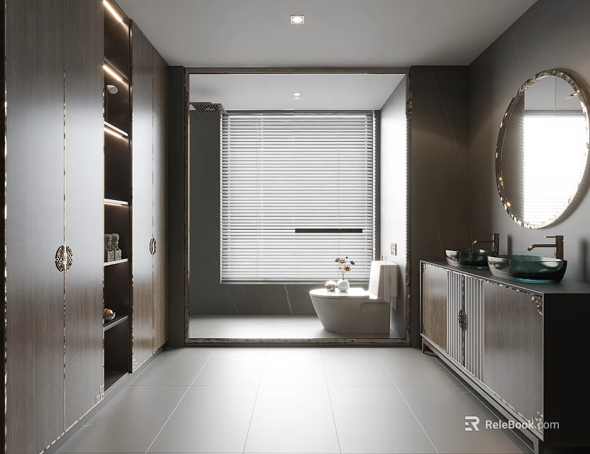Modern Bathroom Interior With Dark Wood Cabinets Round Mirror Double Sink Vanity And Freestanding Bathtub 3d model 