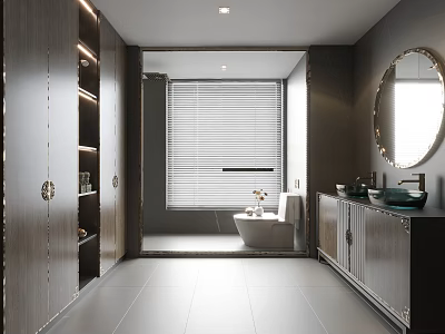 Modern Bathroom Interior With Dark Wood Cabinets Round Mirror Double Sink Vanity And Freestanding Bathtub 3d model