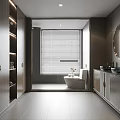 Modern Bathroom Interior With Dark Wood Cabinets Round Mirror Double Sink Vanity And Freestanding Bathtub