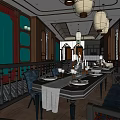 Classic Restaurant Interior With Wooden Decor Hanging Lanterns And Dining Tables