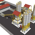 Industrial Equipment Facility Featuring Silver Silos Yellow Conveyors And Red Roofs