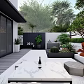 Modern Courtyard Garden With Trees Shrubs White Paving Seating Area And Decorative Lighting