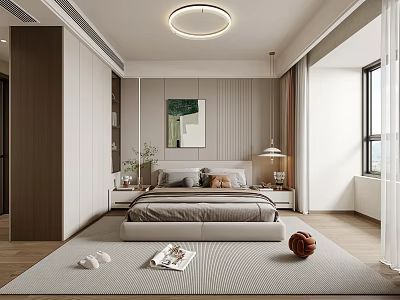 Modern Bedroom Interior Design With Bed Nightstands Lamp Area Rug Wall Art And Potted Plant 3d model