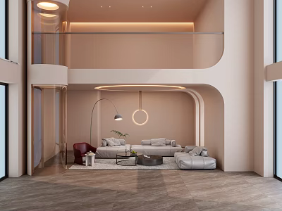 Modern Living Room Interior With Curved Architecture Gray Sofa Red Accent Chair And Floor Lamp 3d model