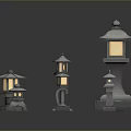 Traditional Japanese Stone Lanterns In Multiple Various Sizes With Illuminated Details
