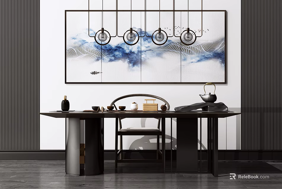Modern Chinese Tea Table And Chairs In Interior With Teaware Hanging Lights And Decorative Painting 3d model 